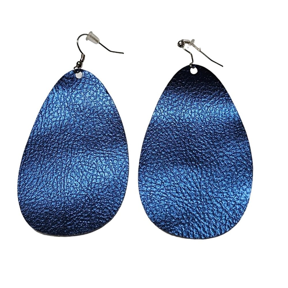 Handmade Metallic Blue Teardrop Earrings Faux Leather Felt Silver Hooks Fashion
